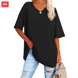 Oversized V-Neck Tunic Tee - Loose Fit Cotton Blend - Gym Casual Vacation Top